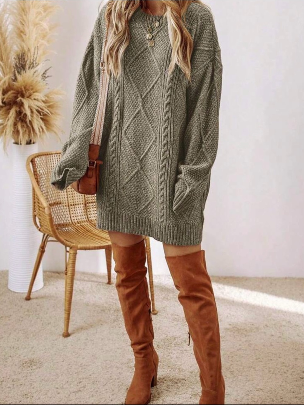 cozy luxe olive green cable knit sweater dress • NWOT!